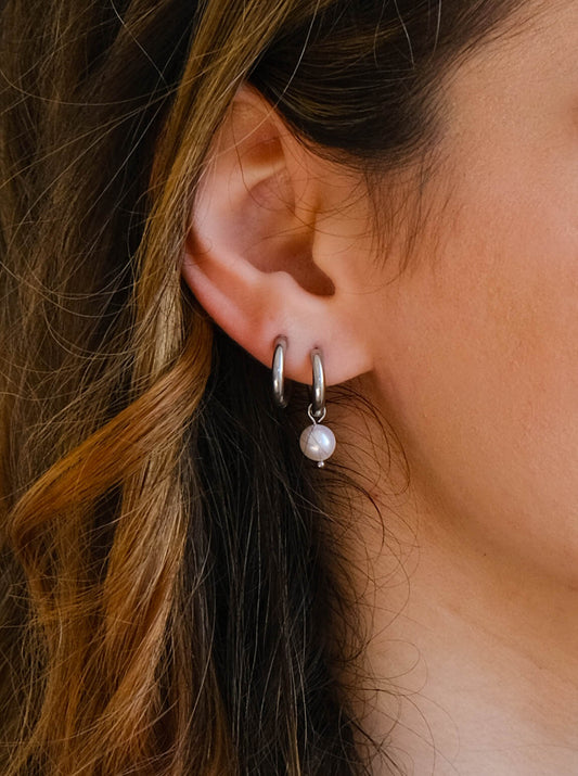 Silver Pearl Hoop Earrings